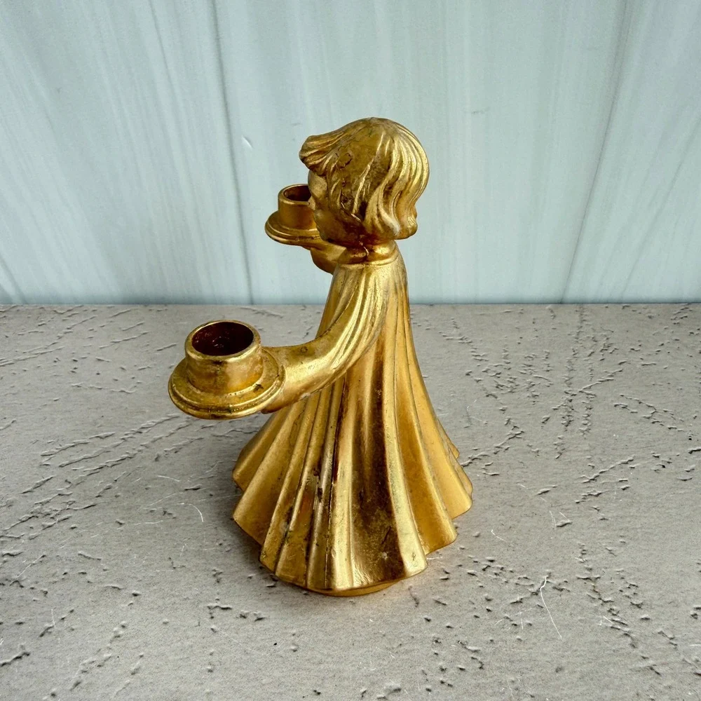 Vintage Gold Tone Metal Angel Choir Boy Double Candle Holder Chime Taper B Mark